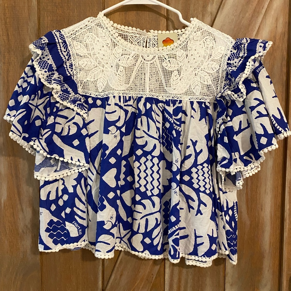 FARM Rio Blue and White Blouse with Lace Detail